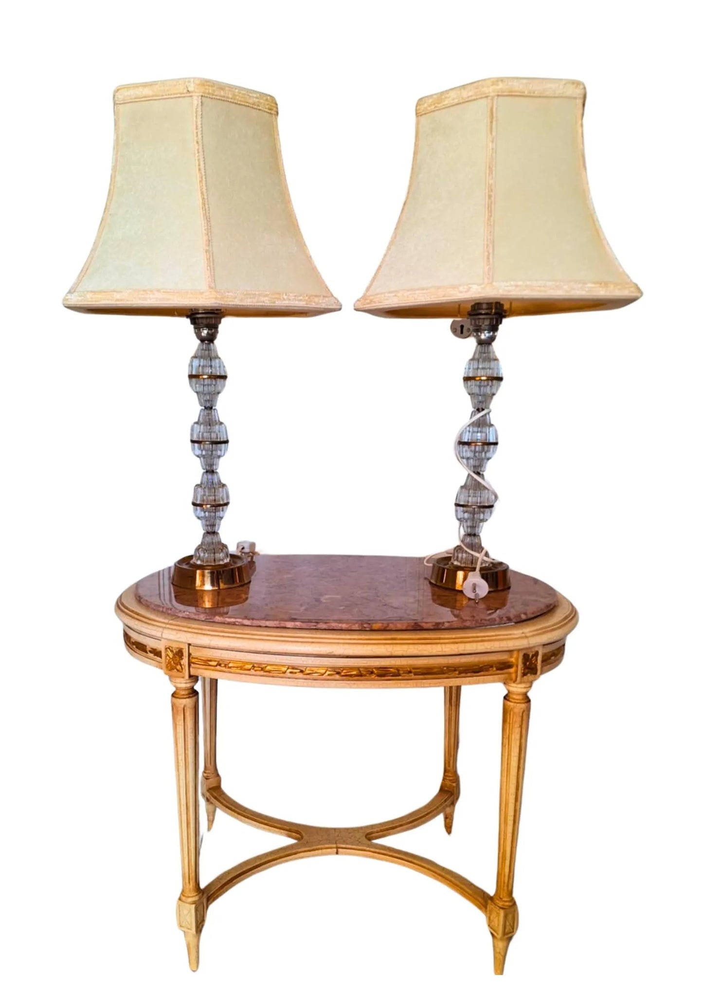 Signed Carl Fagerlund Table Lamp Pair – Orrefors Crystal & Brass, Original Shades, Swedish Mid-Century (1960s), Timeless Charm