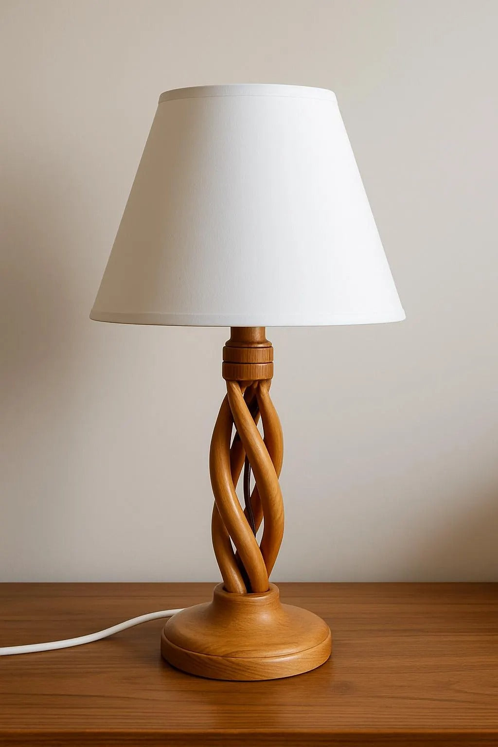 Mid-Century Modern Oak Table Lamp – Handmade Twisted Base, White Shade, 1960s vintage Scandinavian decor Timeless Charm