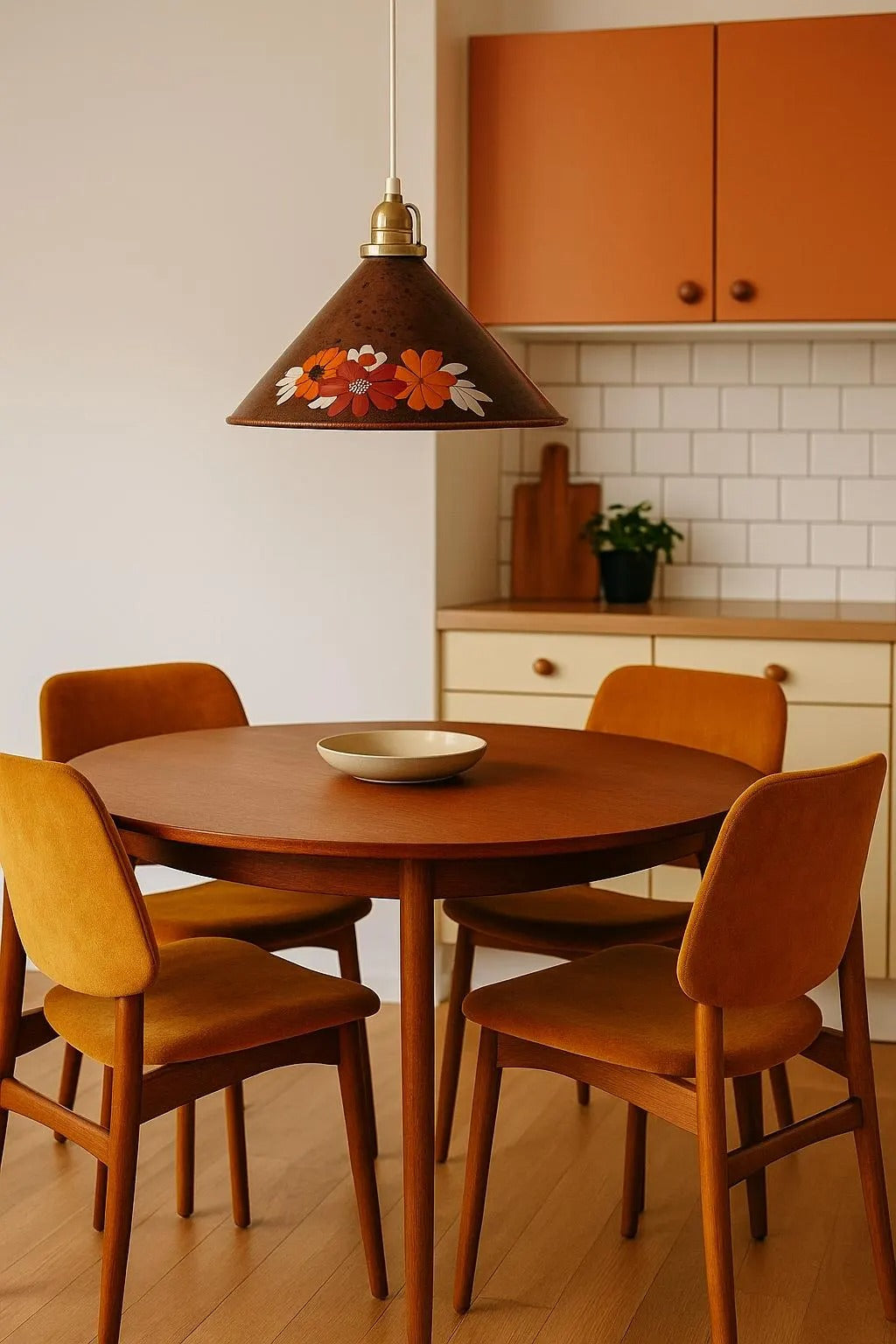 Vintage Enamel Hanging Lamp: Scandinavian Floral Pendant Light above mid-century modern dining set, timeless charm and authentic vintage.