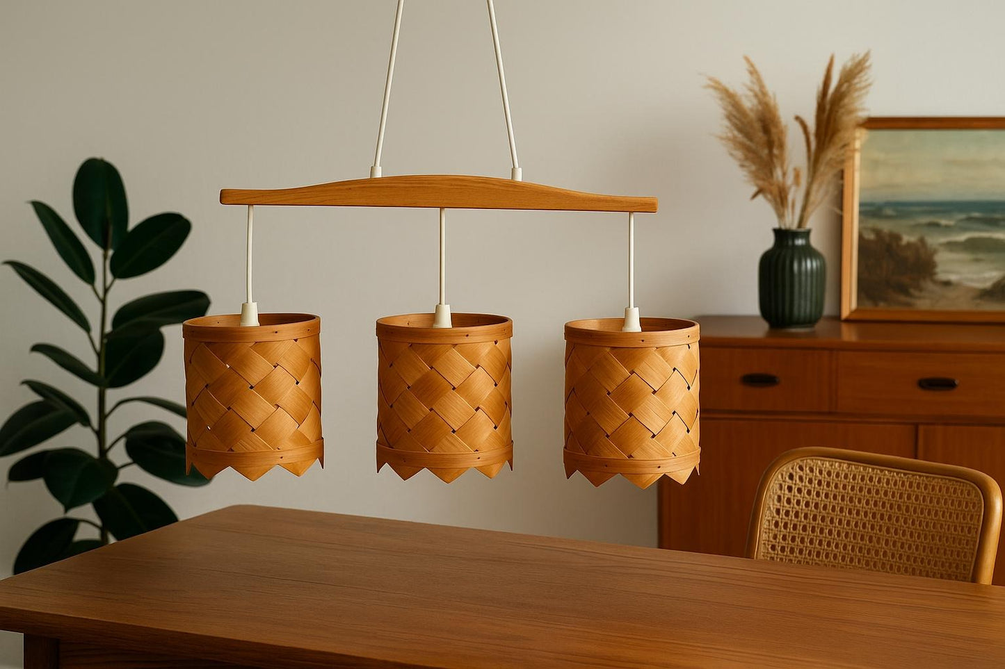 Handwoven Pine Pendant Lamp – Rare Mid-Century Modern Scandinavian Light Fixture showcasing authentic vintage, timeless charm.