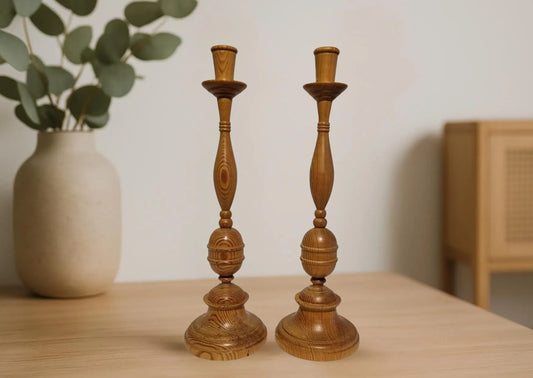 Vintage Scandinavian Wooden Candlesticks: Handmade Pine Pair, Rustic Farmhouse Decor