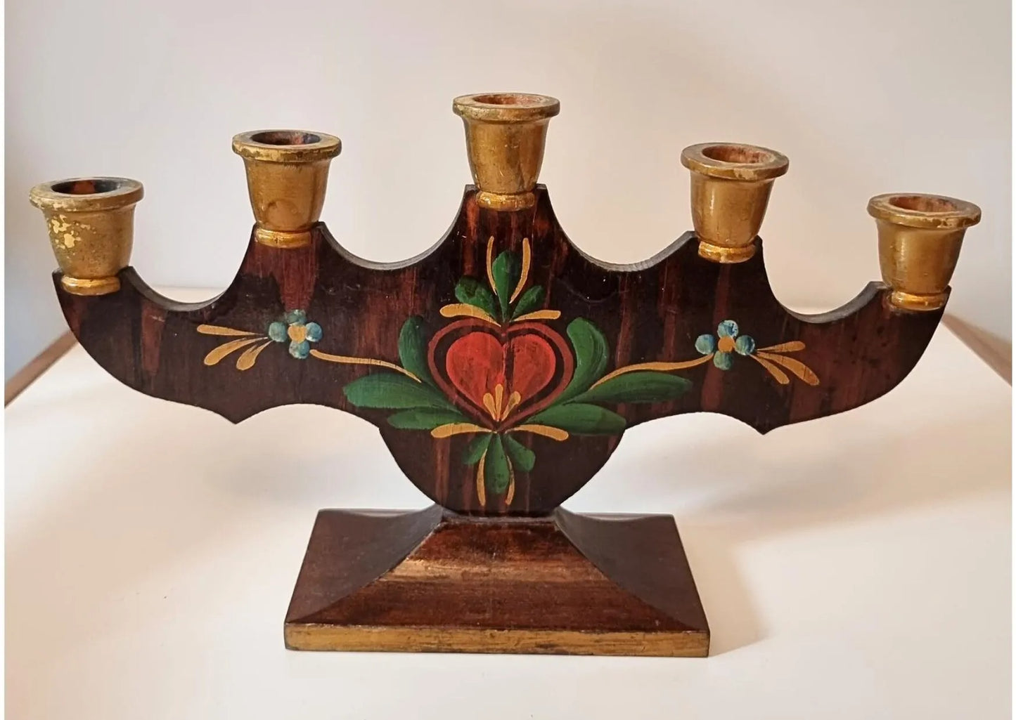 Hand Painted Swedish Candelabra: Allmoge Folk Art Wood Candle Holder with authentic vintage timeless charm and Nordic folk art design