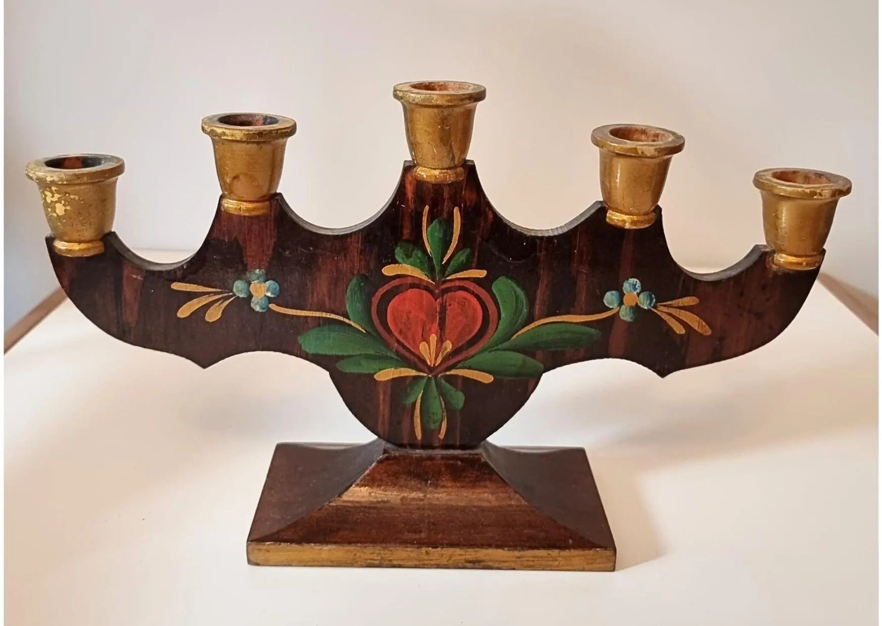 Hand Painted Swedish Candelabra: Allmoge Folk Art Wood Candle Holder with authentic vintage timeless charm and Nordic folk art design