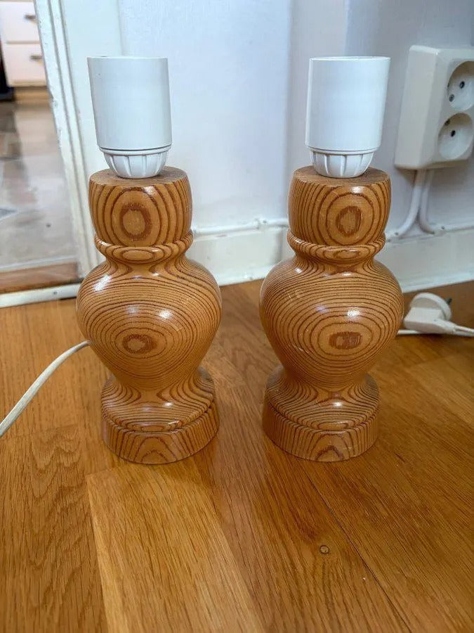 Mid-Century Modern Pine Table Lamps – Scandinavian Wood Nightstand Lights, Pair, authentic vintage, timeless charm