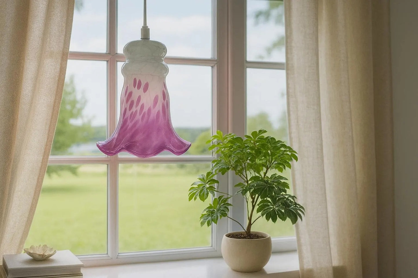 Vintage Tre Bockar Glass Pendant Lamp – Handblown Swedish Design in purple and white hanging by a window with plants and curtains
