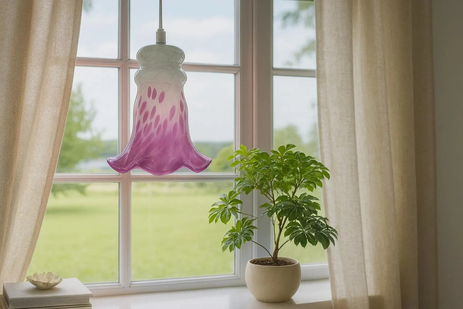 Vintage Tre Bockar Glass Pendant Lamp – Handblown Swedish Design in purple and white hanging by a window with plants and curtains