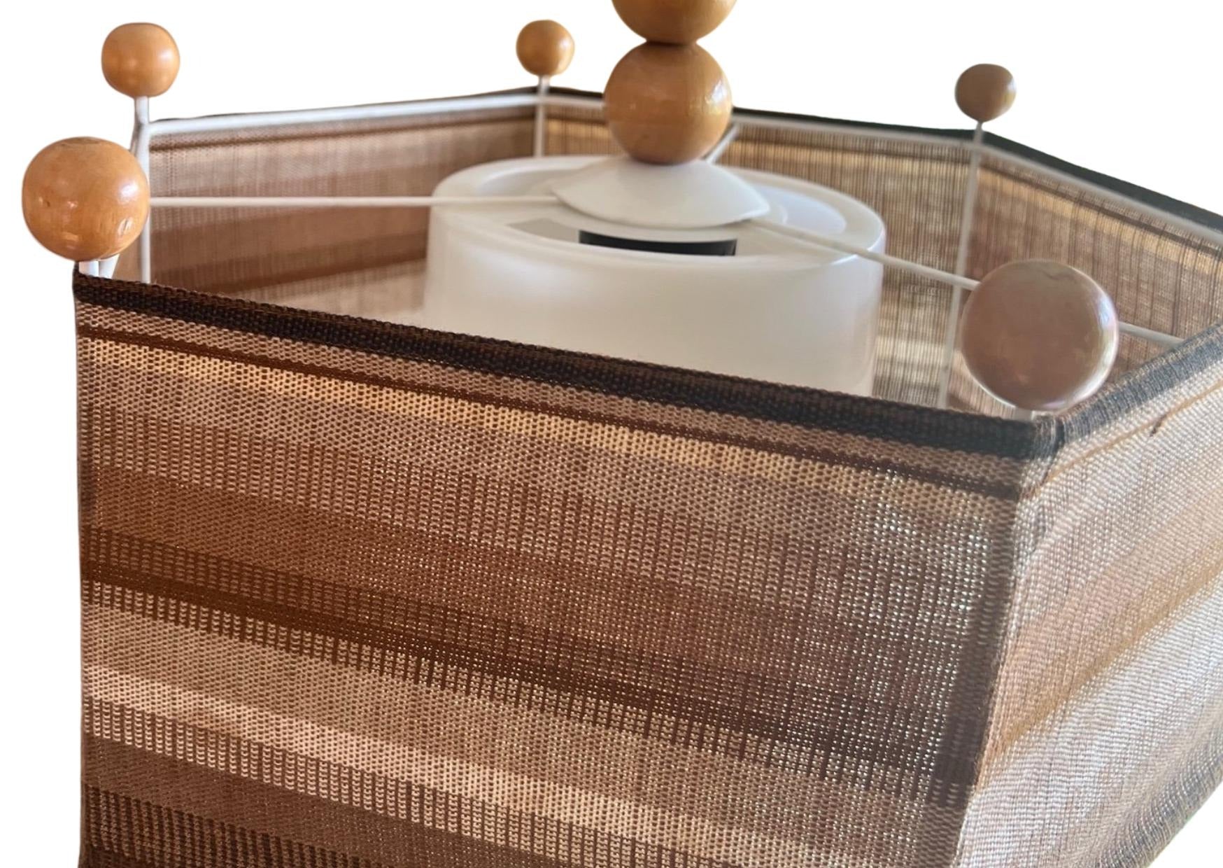 1970s Scandinavian Pendant Lamp – Pine Wood & Textile Shade with handwoven fabric and wooden accents, timeless charm.