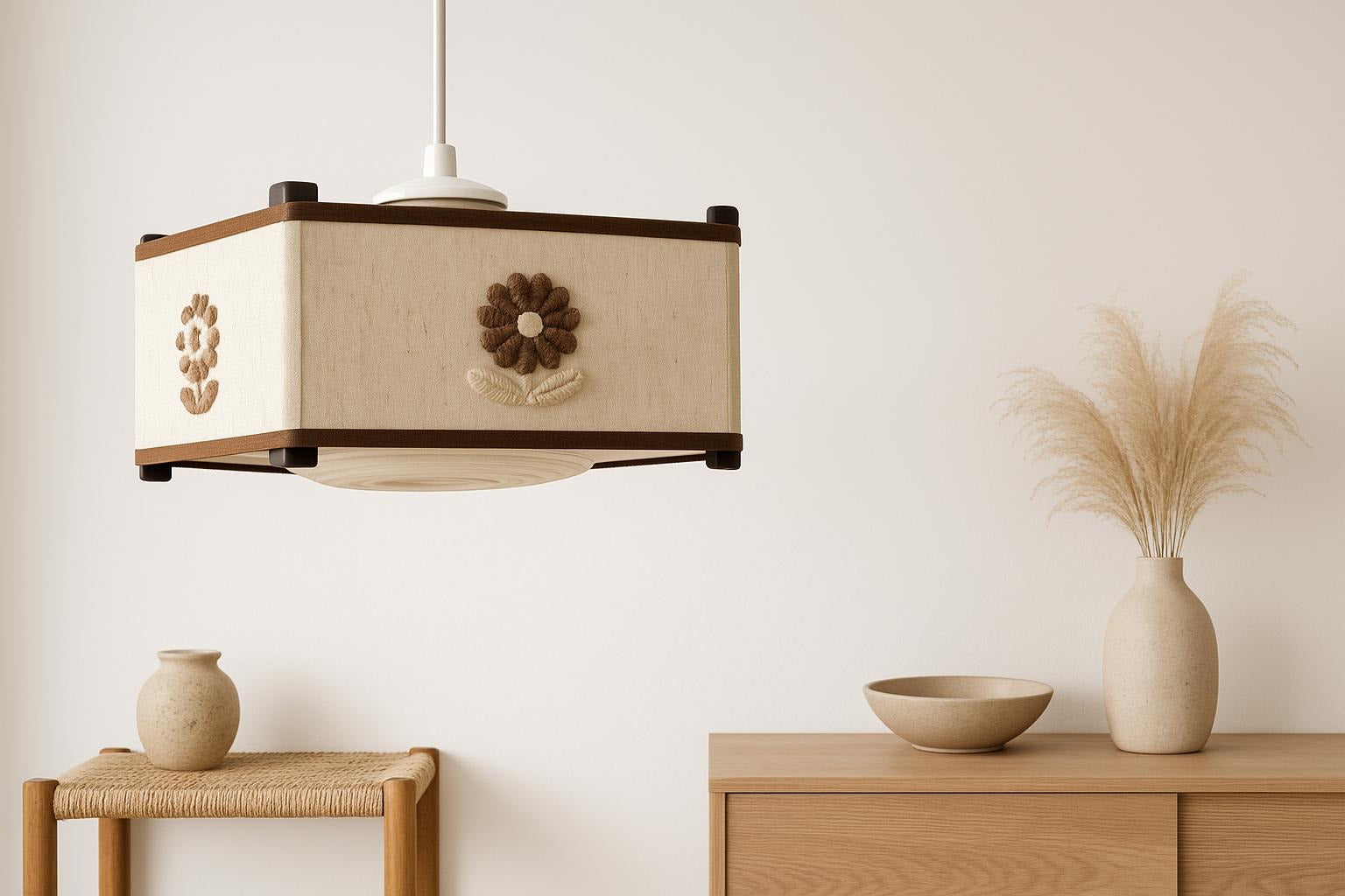 Mid-Century Scandinavian Pendant Lamp – 1970s Striped Fabric Ceiling Light, Danish Retro Textile Shade hanging over natural wood furniture and decor.