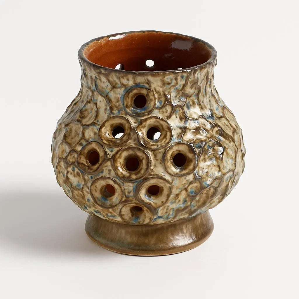 EGO Stengods Ceramic Candle Holder – Bruno Karlsson, Sweden 1970s with textured glaze and multiple circular cutouts vintage Scandinavian decor