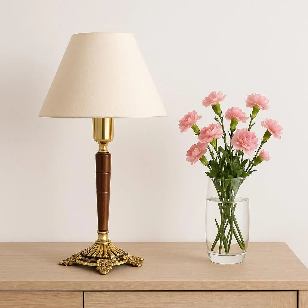 Vintage Teak and Brass Table Lamp with Cream Lampshade – Elegant Mid-Century Lighting beside pink flowers, authentic vintage, timeless charm