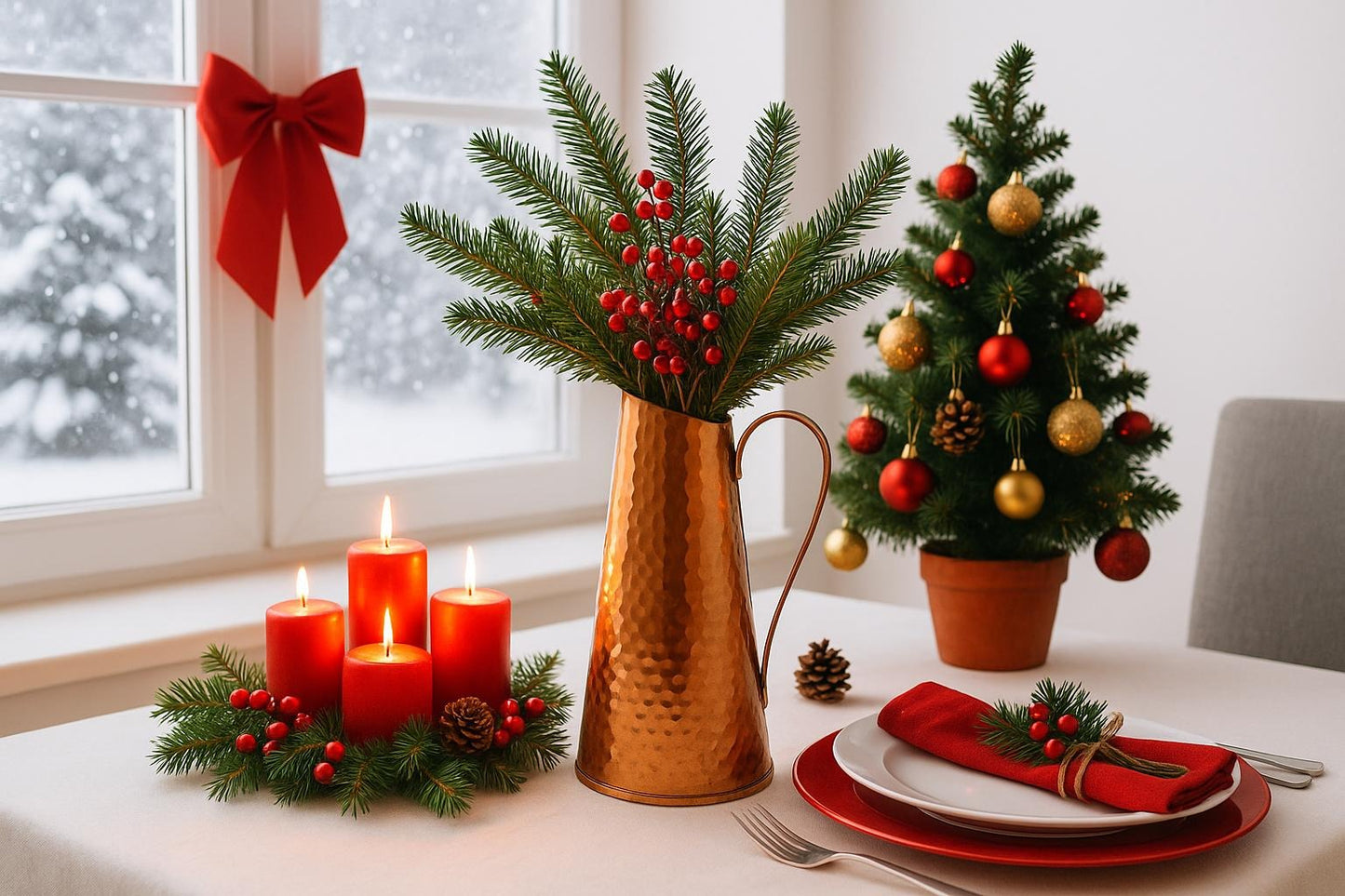 Mid Century Modern Hammered Copper Jug: Swedish Vase, 1960s MCM Decor with festive pine and berry arrangement on holiday table.