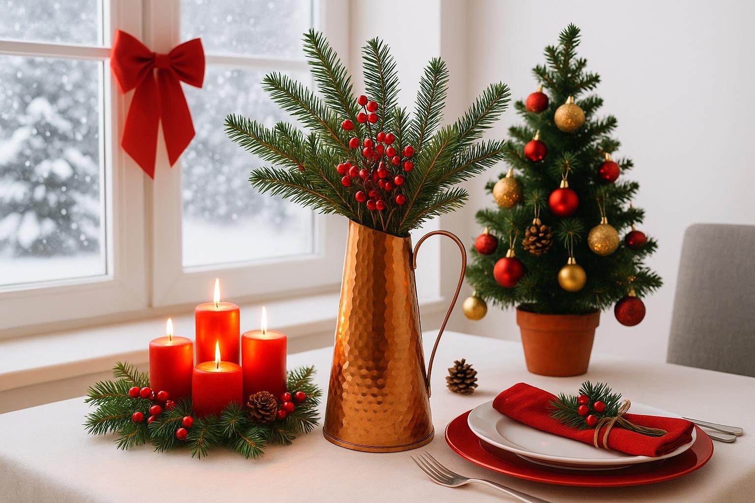 Mid Century Modern Hammered Copper Jug: Swedish Vase, 1960s MCM Decor with festive pine and berry arrangement on holiday table.