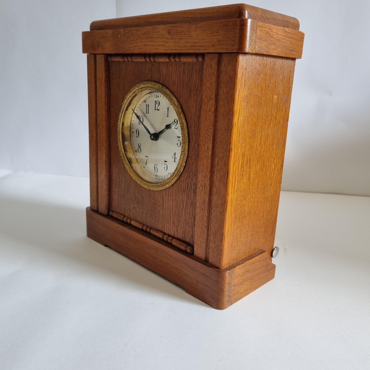 Vintage Oak & Brass Money Box Alarm Clock: 1930s Swedish Bank Collectible (Not Working) with carved wood and brass clock face