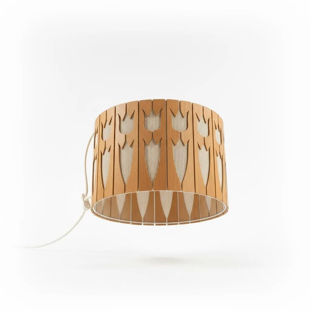 Vintage Scandinavian Wooden Ceiling Pendant Lamp – Hand-Carved Tulip Design, Rare Nordic Lighting