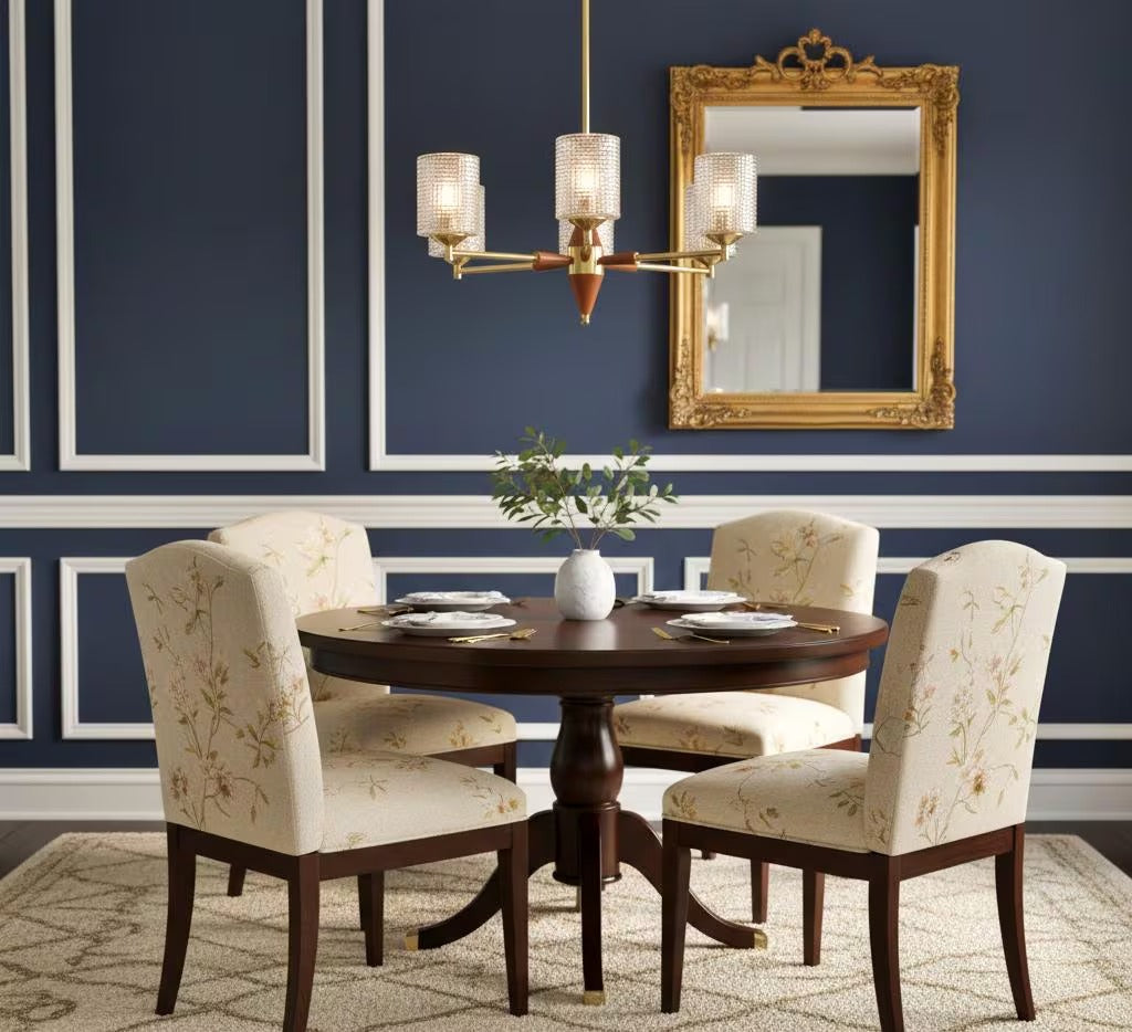 Mid-Century Modern Scandinavian Brass & Teak Chandelier – Textured Glass Shades, 1950s–60s, authentic vintage charm.