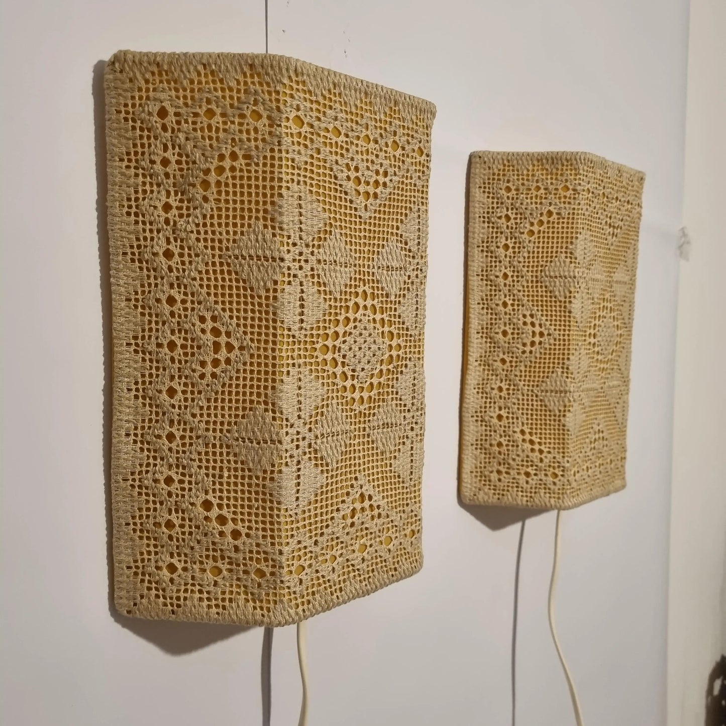 Vintage Swedish Crochet Wall Sconce Pair – Mid-Century Boho Lace Lighting with timeless charm, authentic vintage Scandinavian decor.