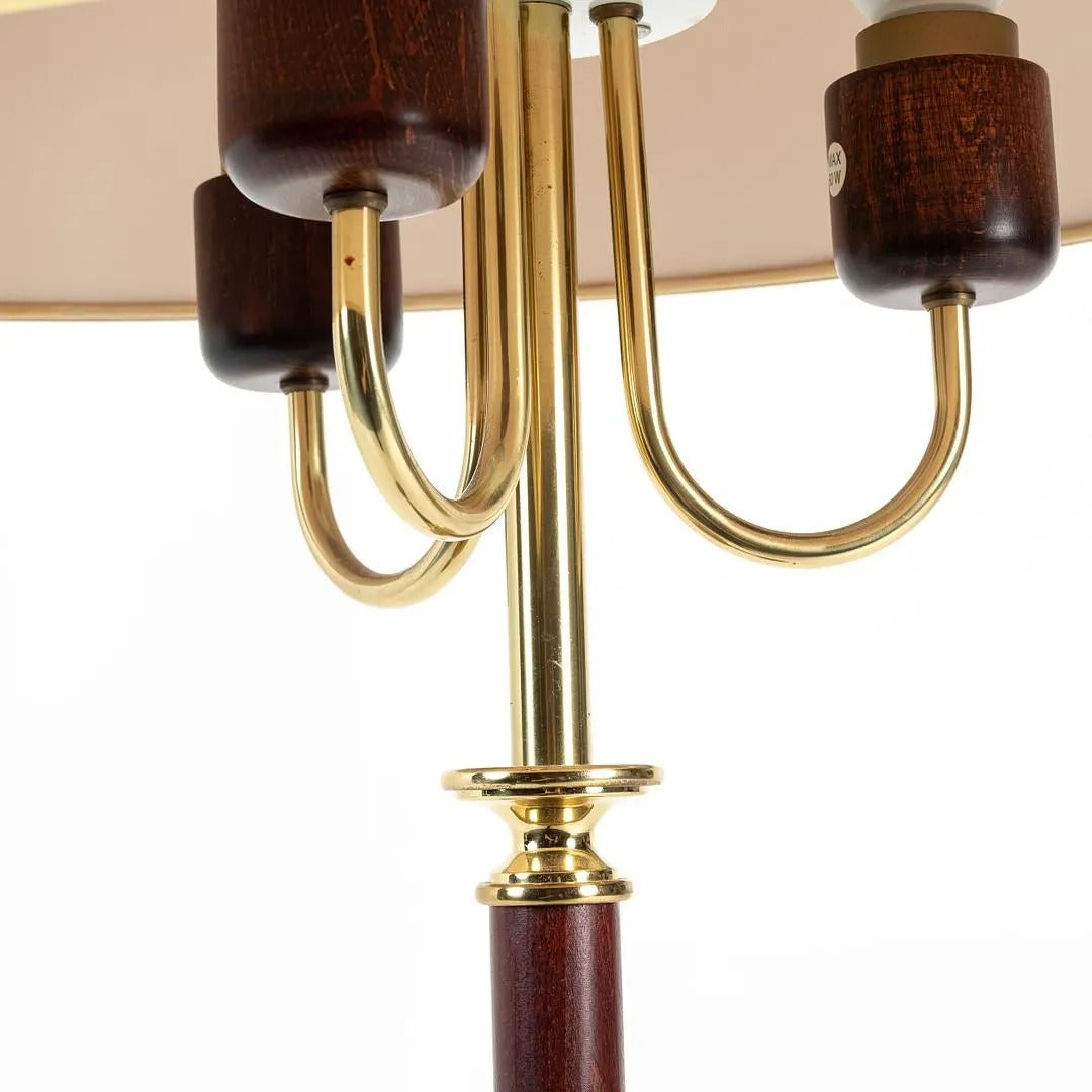 Vintage NAFA Sweden Floor Lamp – 3-Arm Mid-Century Modern, Wood & Brass, c. 1970s with authentic vintage timeless charm