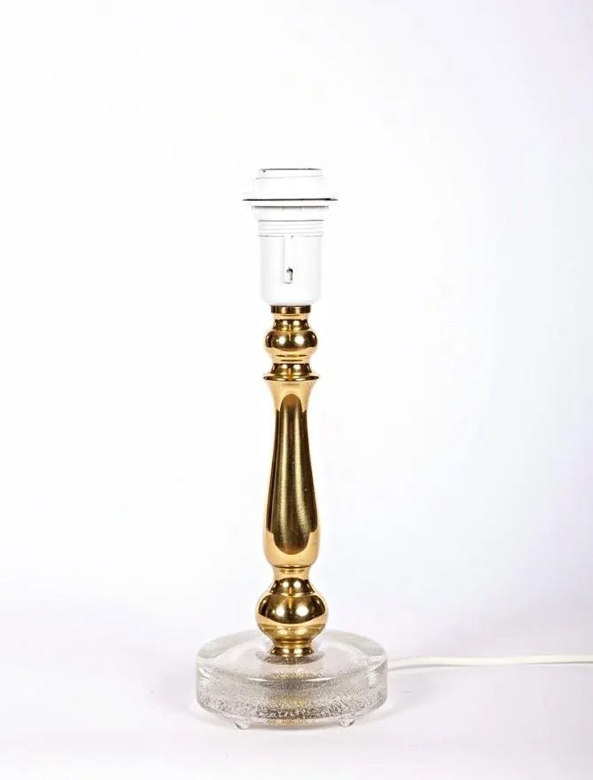 Mid-Century Brass & Glass Table Lamp – Falkenbergs Belysning, Swedish Modern Design with clear glass base and polished brass body.