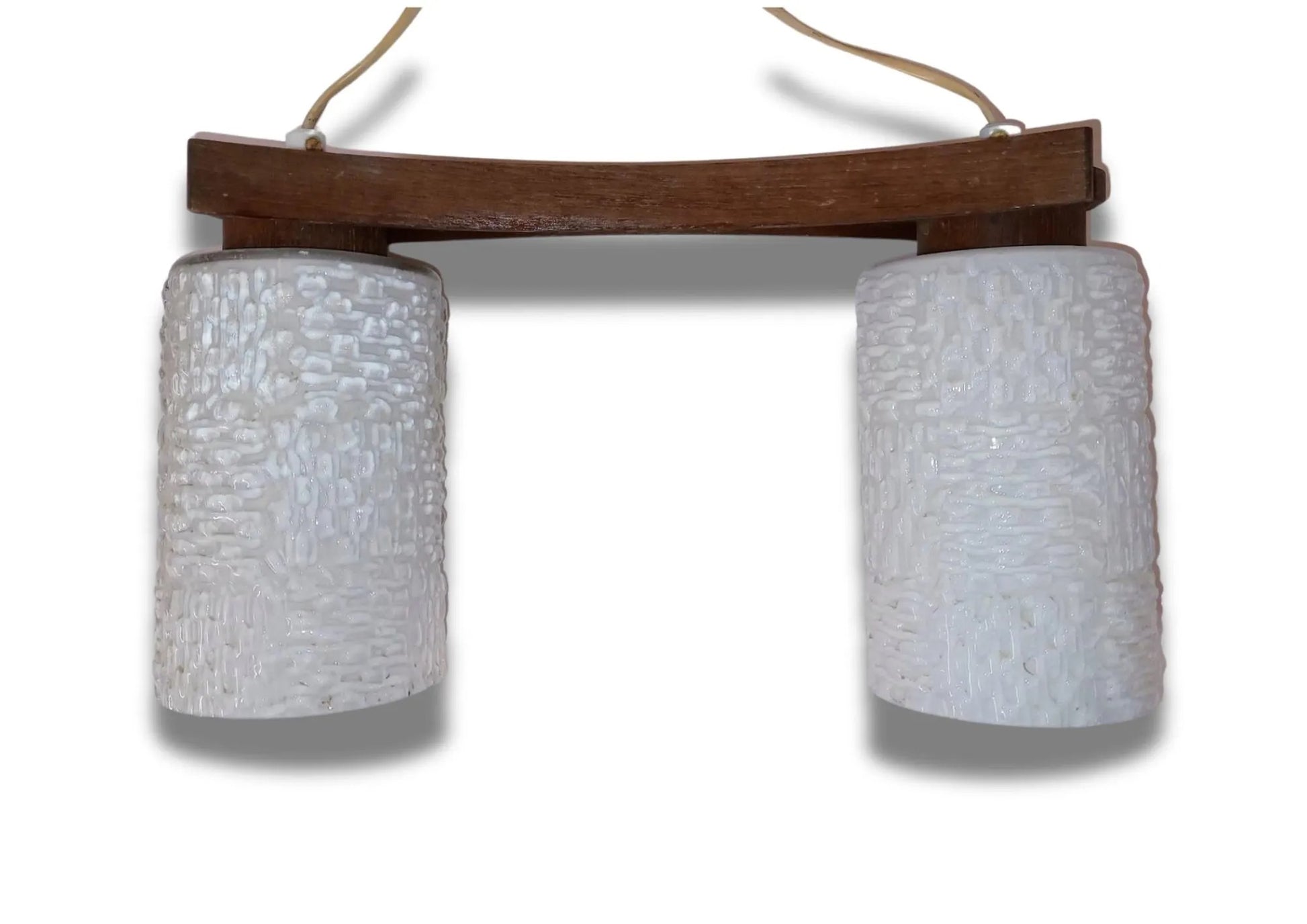 Scandinavian Mid-Century Teak Pendant Lamp – Frosted Glass Shades Chandelier, authentic vintage, timeless charm.