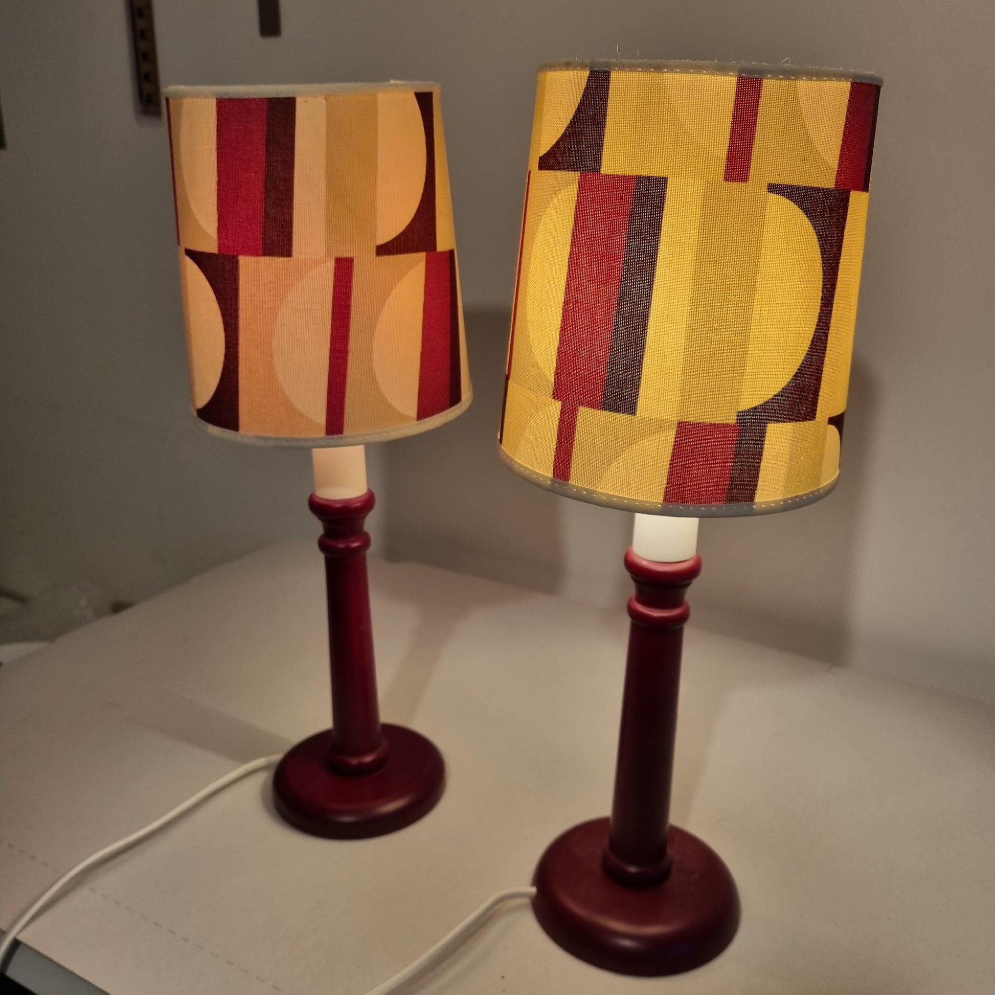 Mid-Century Modern Table Lamps – Cherry Beech with Original Retro Shades, 1970s Scandinavian Pair, Timeless Charm