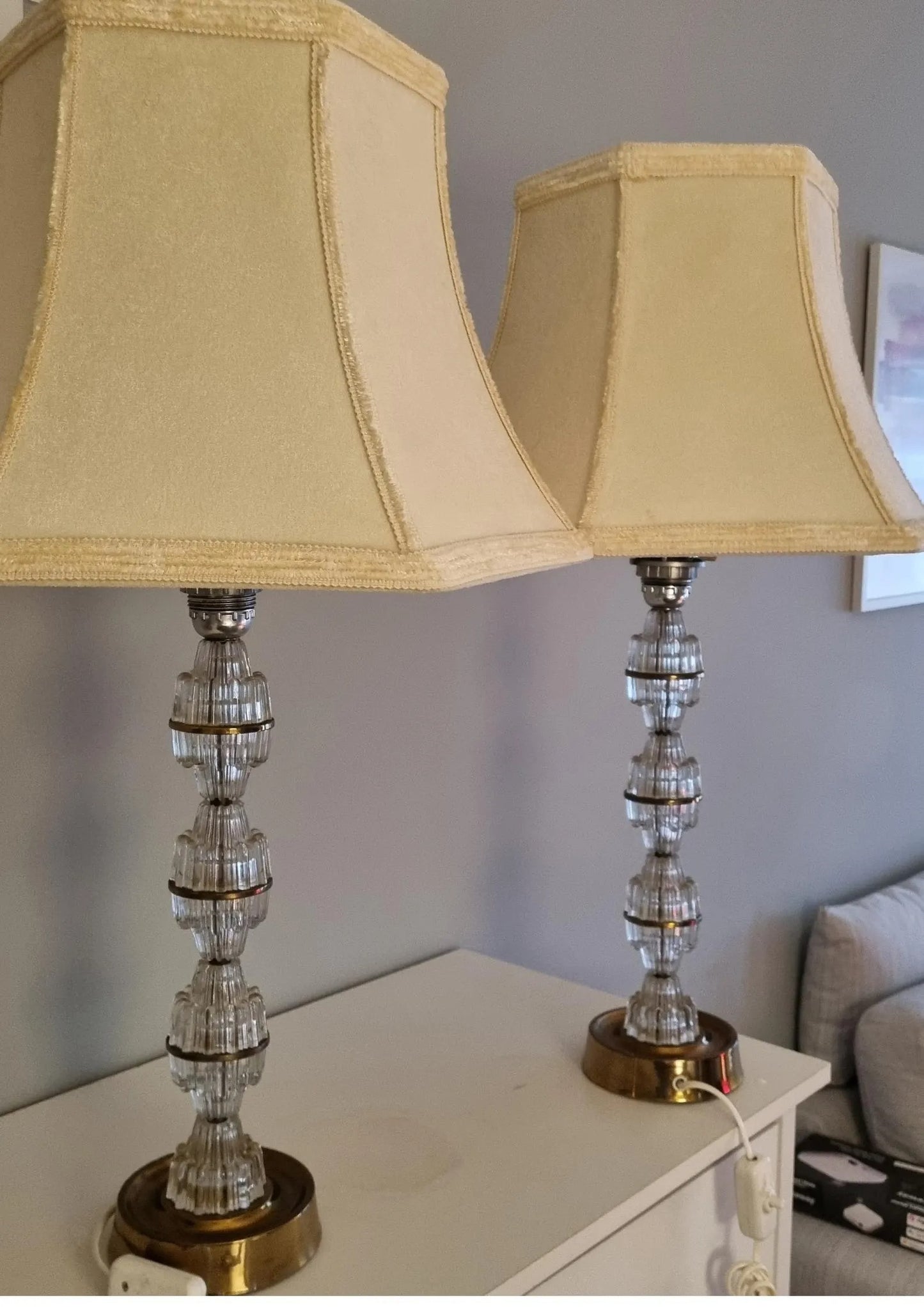 Signed Carl Fagerlund Table Lamp Pair – Orrefors Crystal & Brass, Original Shades, Swedish Mid-Century (1960s), Authentic vintage, Timeless Charm