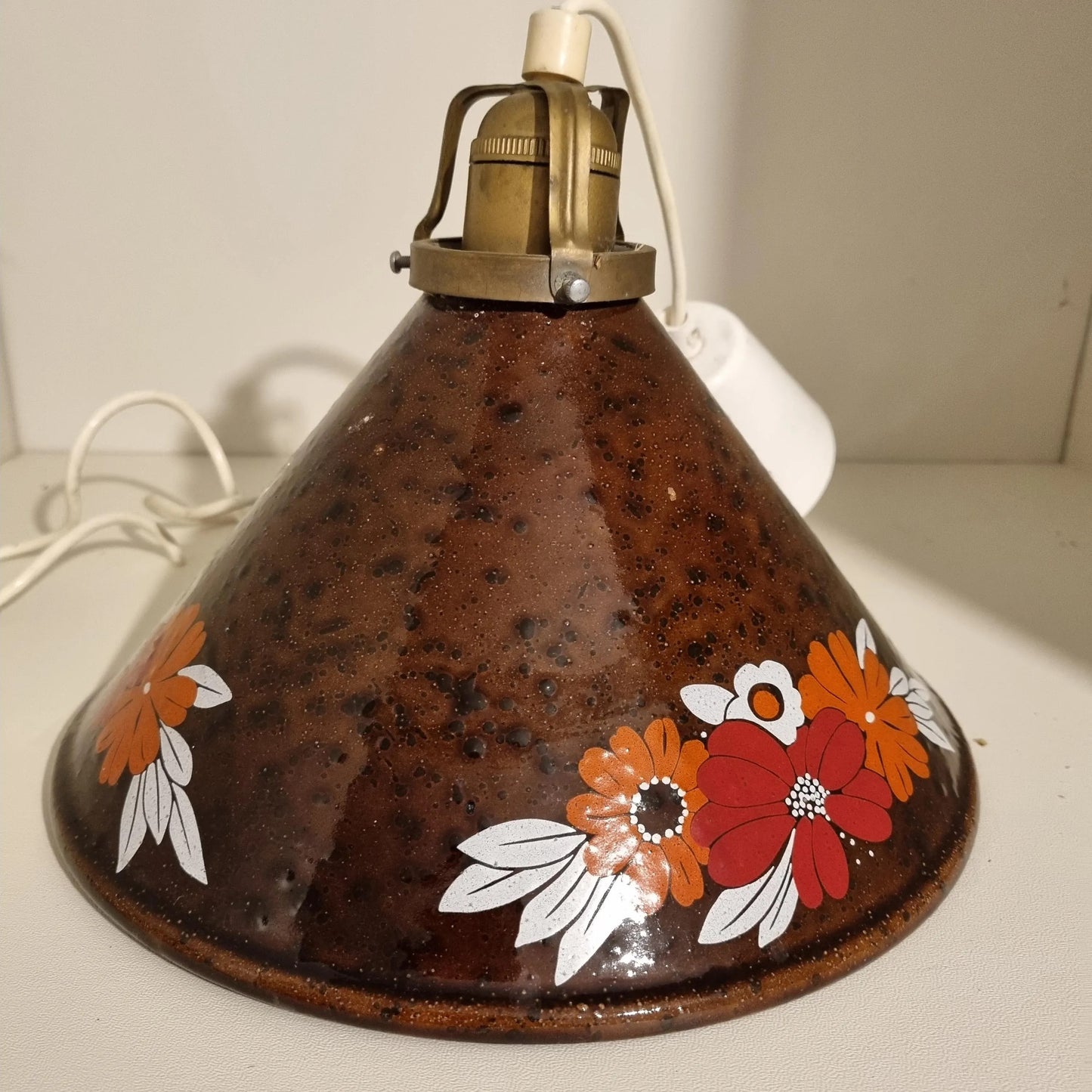 Vintage Enamel Hanging Lamp: Scandinavian Floral Pendant Light with red and orange flowers, authentic vintage charm. Timeless Charm.