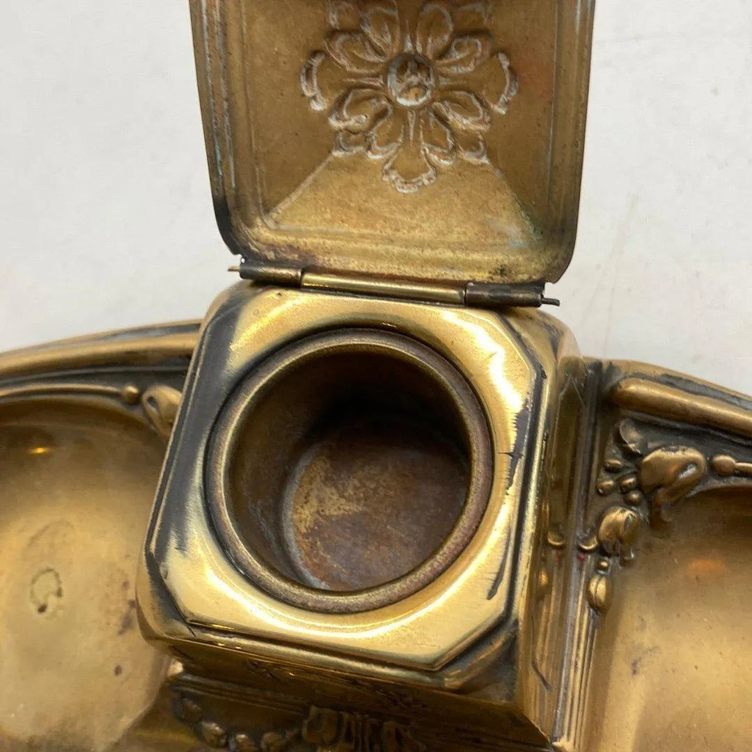 Art Nouveau Brass Desk Set - Elegant Office Accessory with Inkwell and Seal Press featuring intricate floral designs