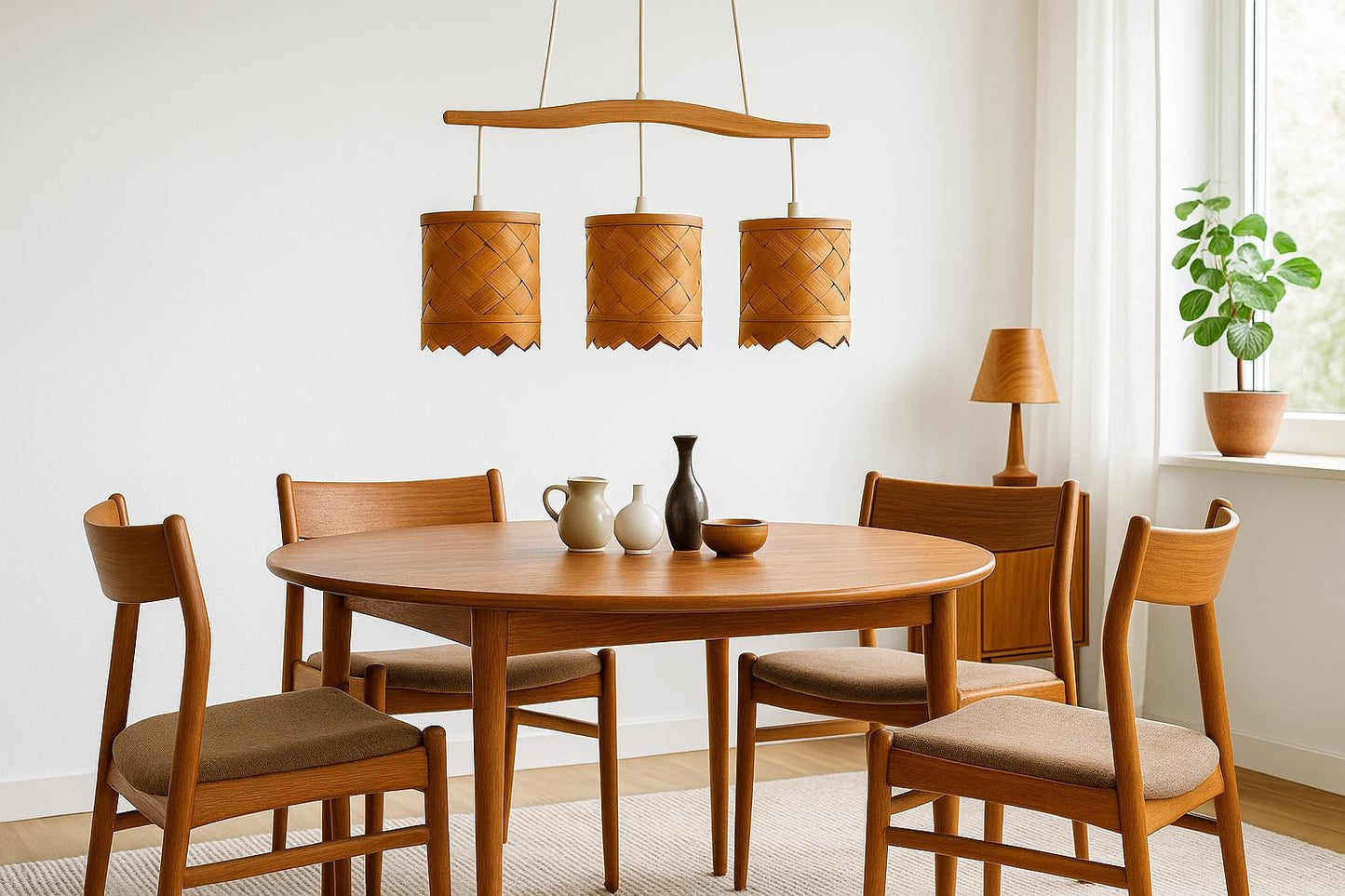 Handwoven Pine Pendant Lamp – Rare Mid-Century Modern Scandinavian Light Fixture above vintage teak dining set, timeless charm decor