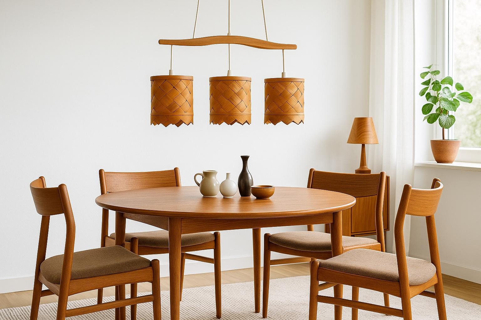 Handwoven Pine Pendant Lamp – Rare Mid-Century Modern Scandinavian Light Fixture above vintage teak dining set, timeless charm decor