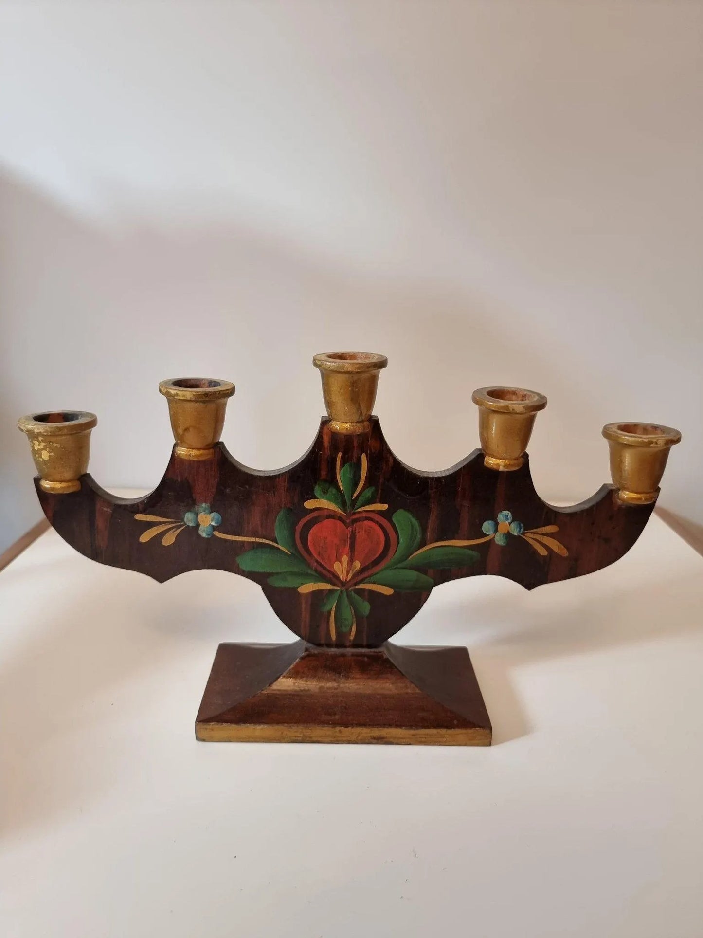 Hand Painted Swedish Candelabra: Allmoge Folk Art Wood Candle Holder with vintage Scandinavian decor and timeless charm.