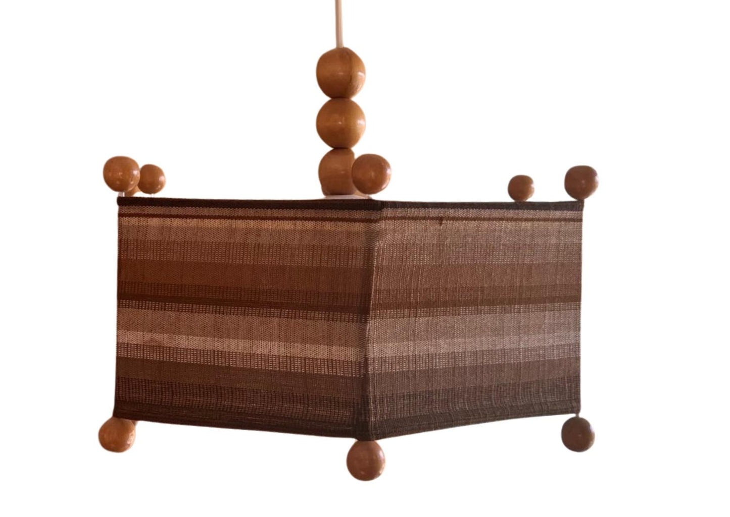 1970s Scandinavian Pendant Lamp – Pine Wood & Textile Shade with authentic vintage timeless charm and mid-century modern style