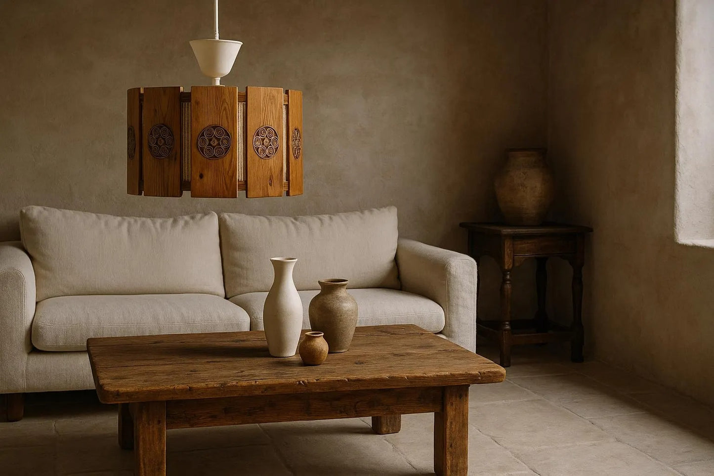 Vintage Scandinavian Wood Pendant Light: Carved Medallions, Japandi Style