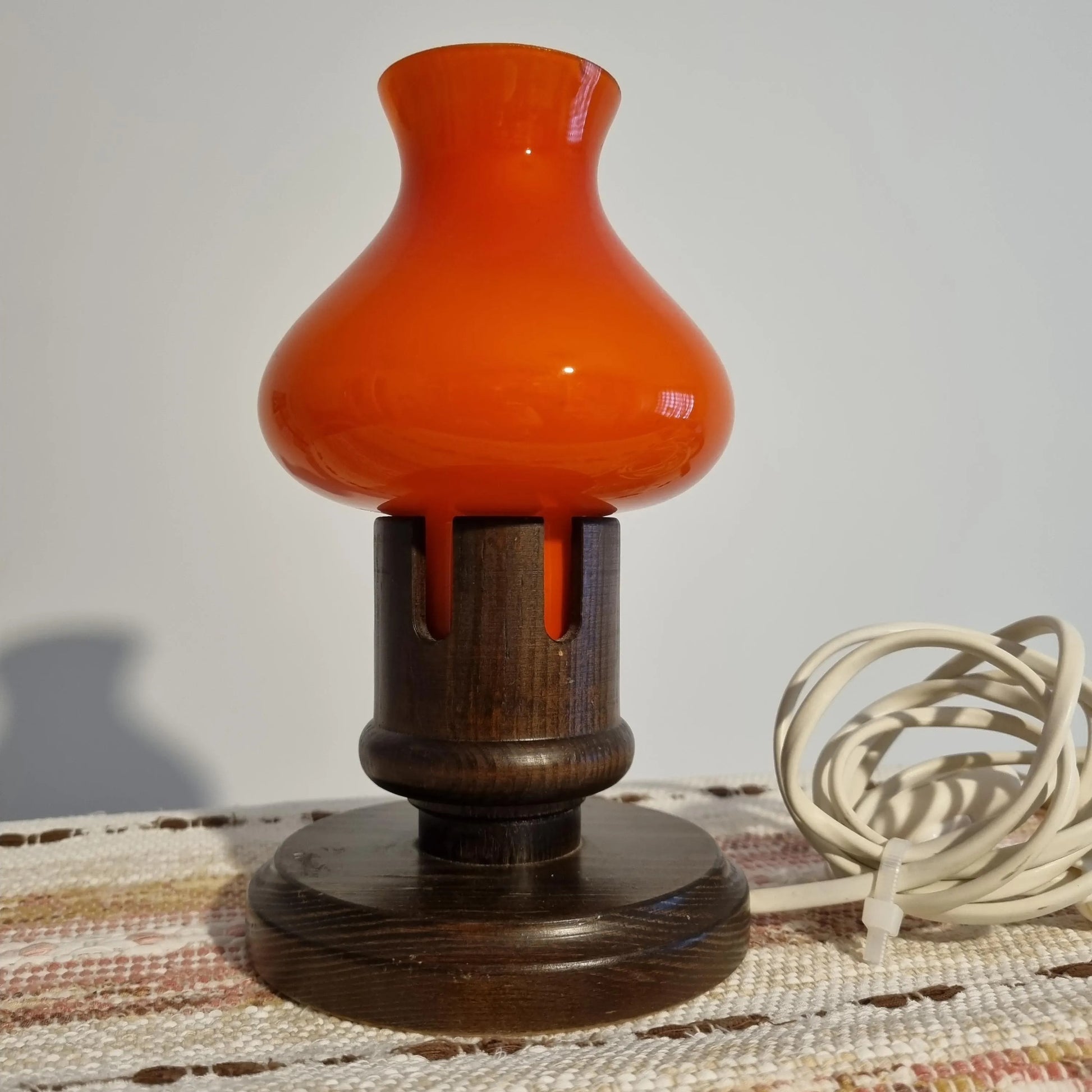 Vintage Erik Höglund Table Lamp – Orange Cased Glass & Pine, Marksöjd Boda, Sweden c. 1970 with dark wooden base and bright shade