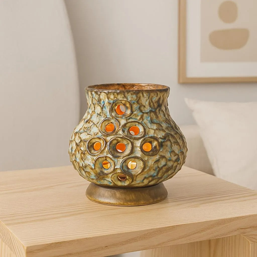 EGO Stengods Ceramic Candle Holder – Bruno Karlsson, Sweden 1970s, textured stoneware with circular cutouts on wooden table