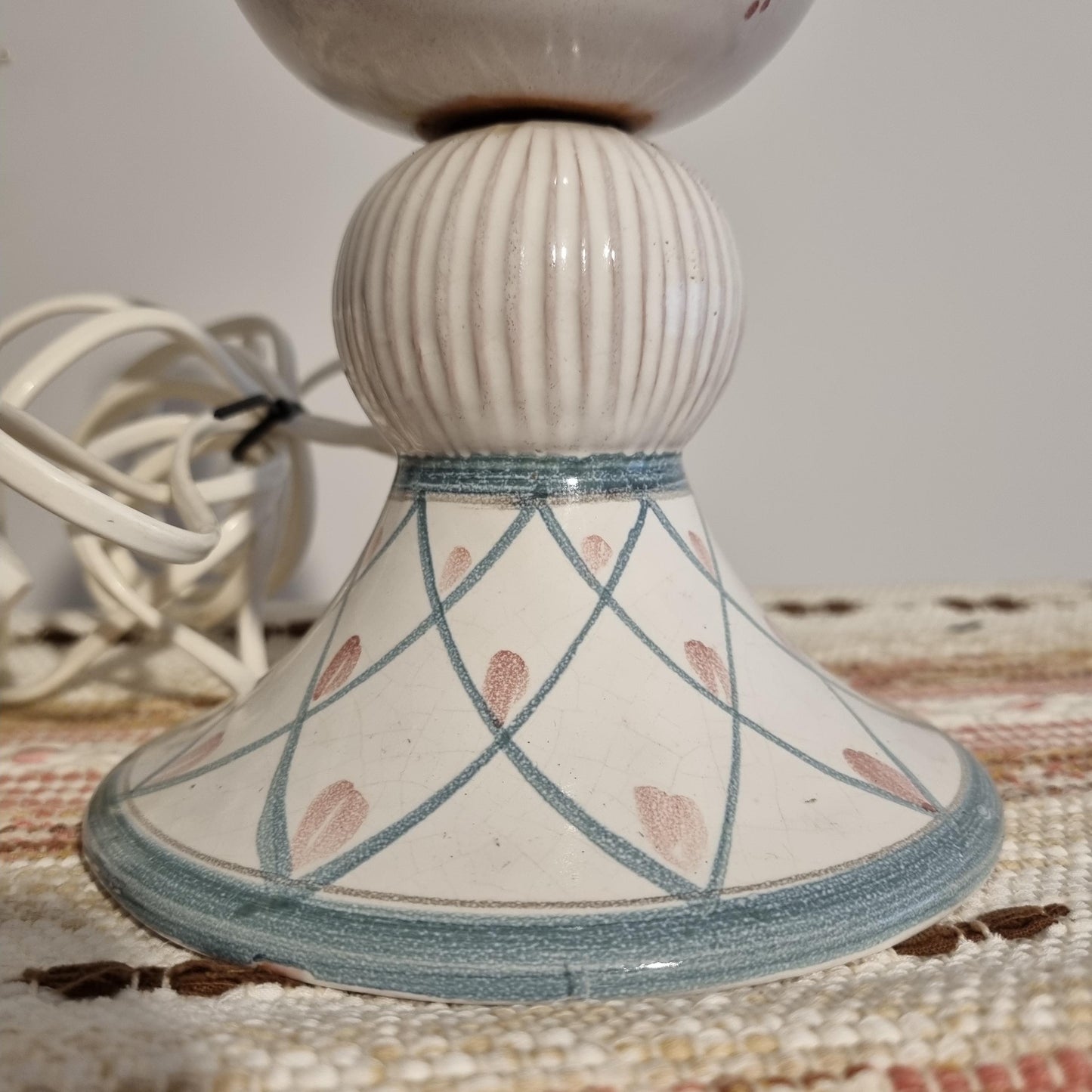 Hand-Painted Swedish Ceramic Table Lamp – Folk Art Style, Vintage Scandinavian Pottery with blue and pink pattern base.