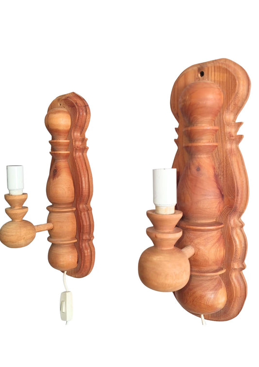Vintage Pine Wood Wall Sconces – Scandinavian Retro Lamp Pair, 1970s, authentic vintage with timeless charm