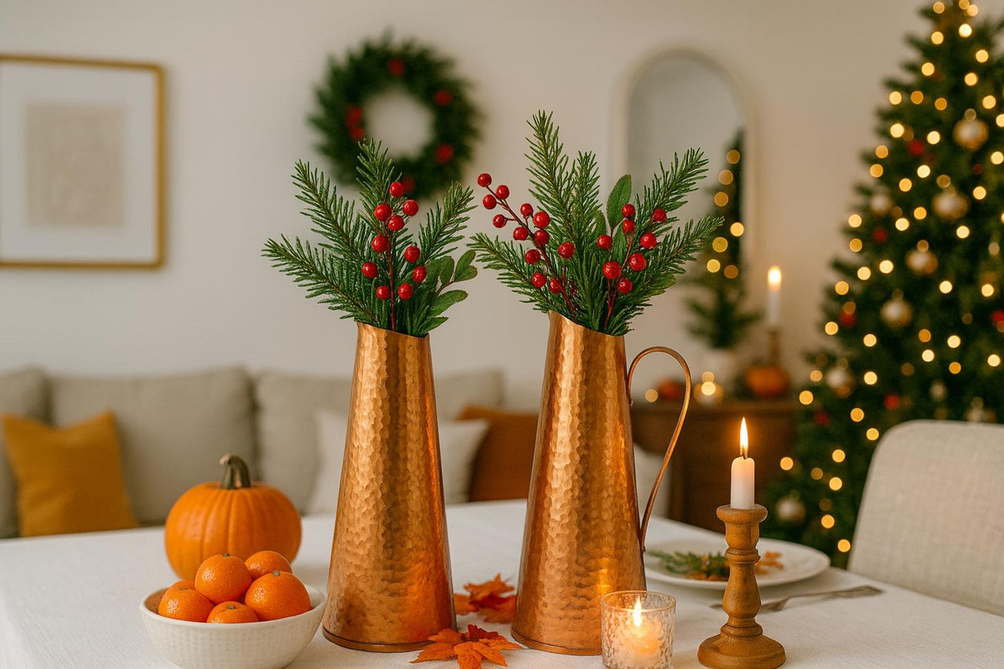 Mid Century Modern Hammered Copper Jug: Swedish Vase, 1960s MCM Decor with festive greenery and red berries on table