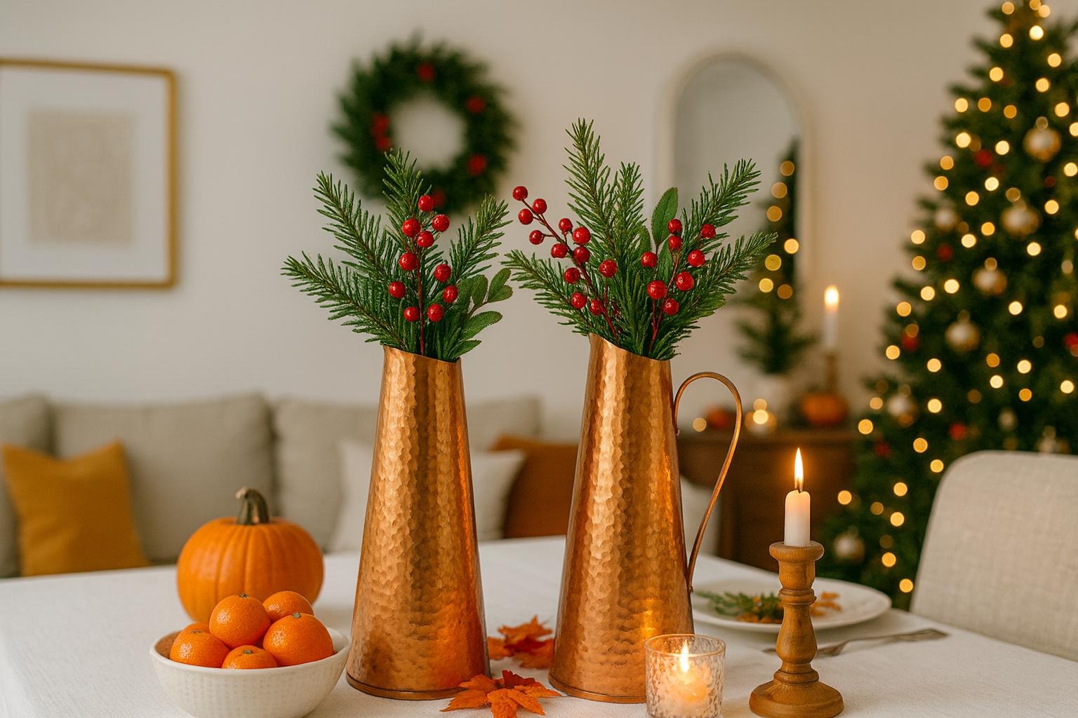 Mid Century Modern Hammered Copper Jug: Swedish Vase, 1960s MCM Decor with festive greenery and red berries on table