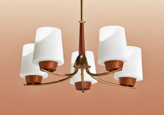 Vintage 1950s Swedish Chandelier: Mid-Century Modern Brass & Teak Opaline Glass Pendant Light
