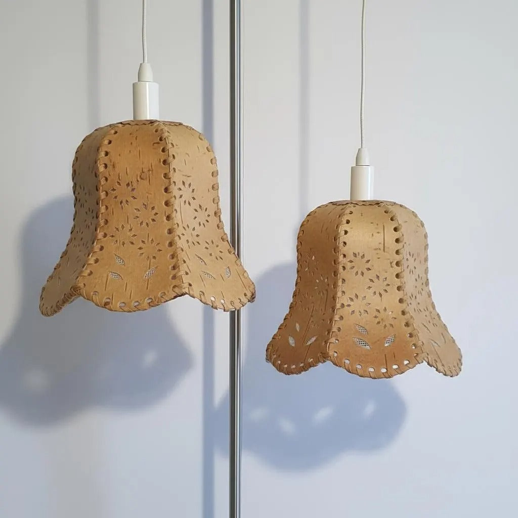 Vintage Scandinavian Birch Bark Hanging Lamp – Hand-Carved, Woven & Stitched Pendant Light with timeless charm and mid-century modern appeal