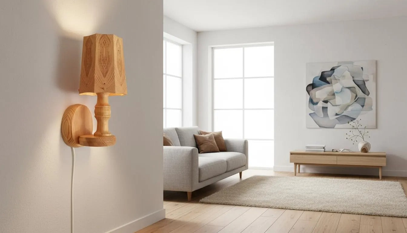 Vintage Scandinavian Pine Wall Light – Handmade Swedish Wooden Sconce, 1970s, authentic vintage with timeless charm in minimalist modern living room.