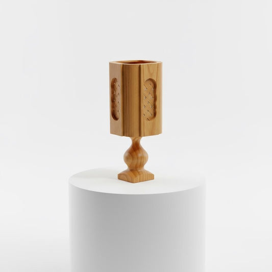 Vintage Scandinavian Solid Pine Table Lamp – Handcrafted Wooden Lamp with Carved Shade