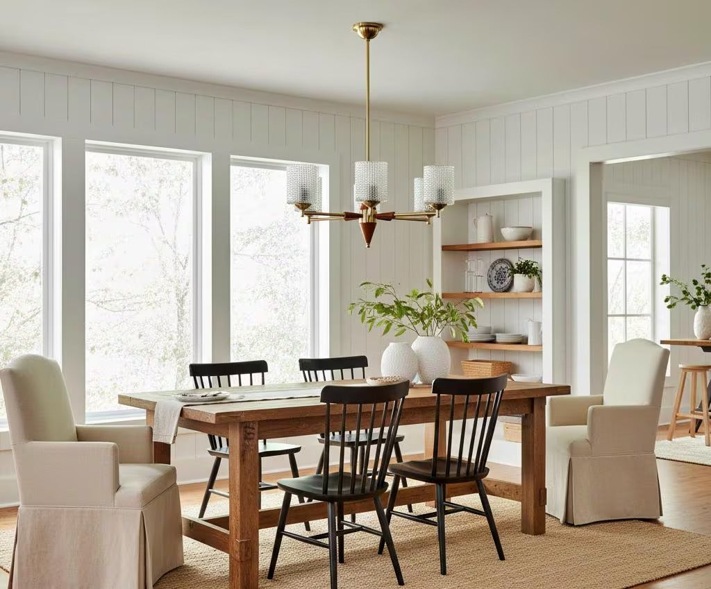 Mid-Century Modern Scandinavian Brass & Teak Chandelier – Textured Glass Shades, 1950s–60s, Authentic vintage charm.