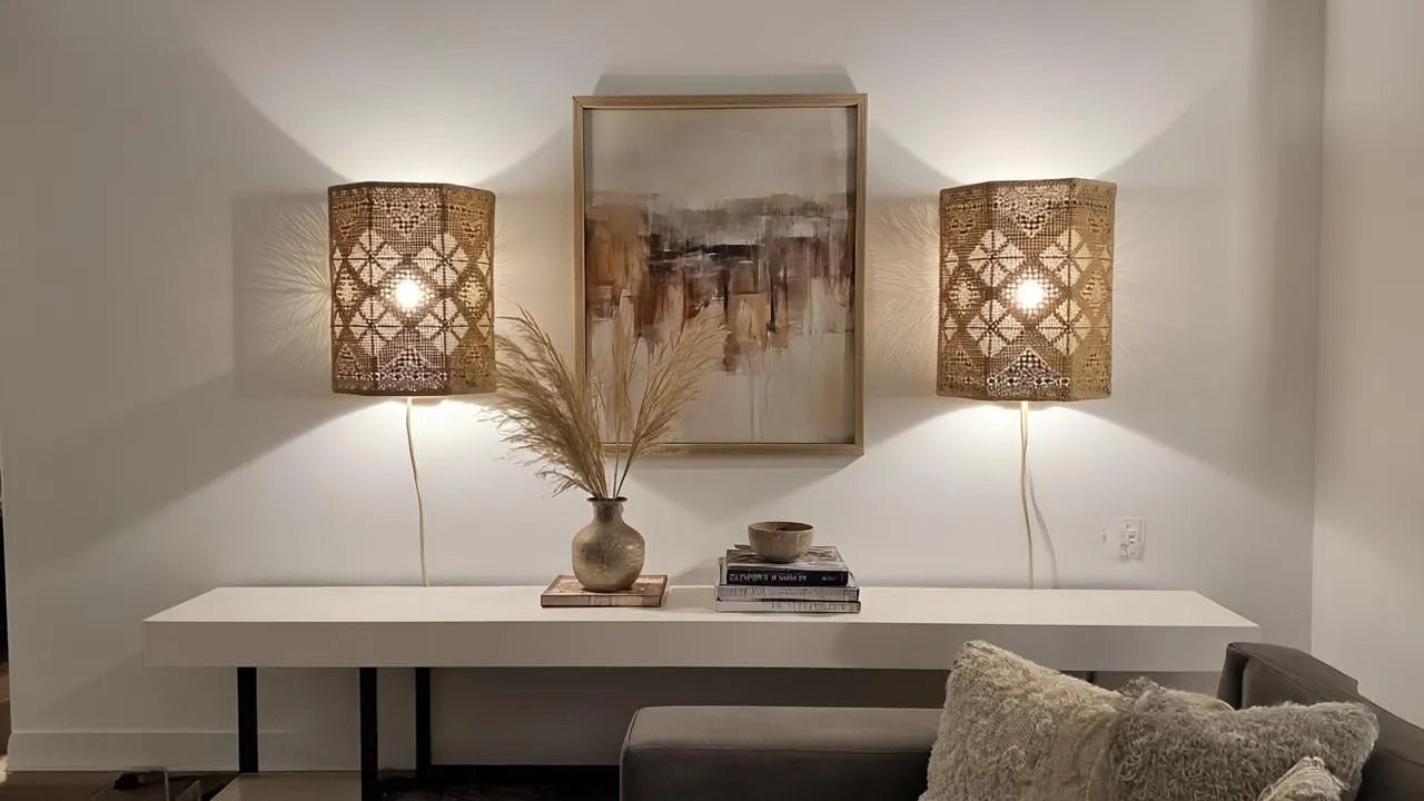Vintage Swedish Crochet Wall Sconce Pair – Mid-Century Boho Lace Lighting with timeless charm and authentic vintage Scandinavian style