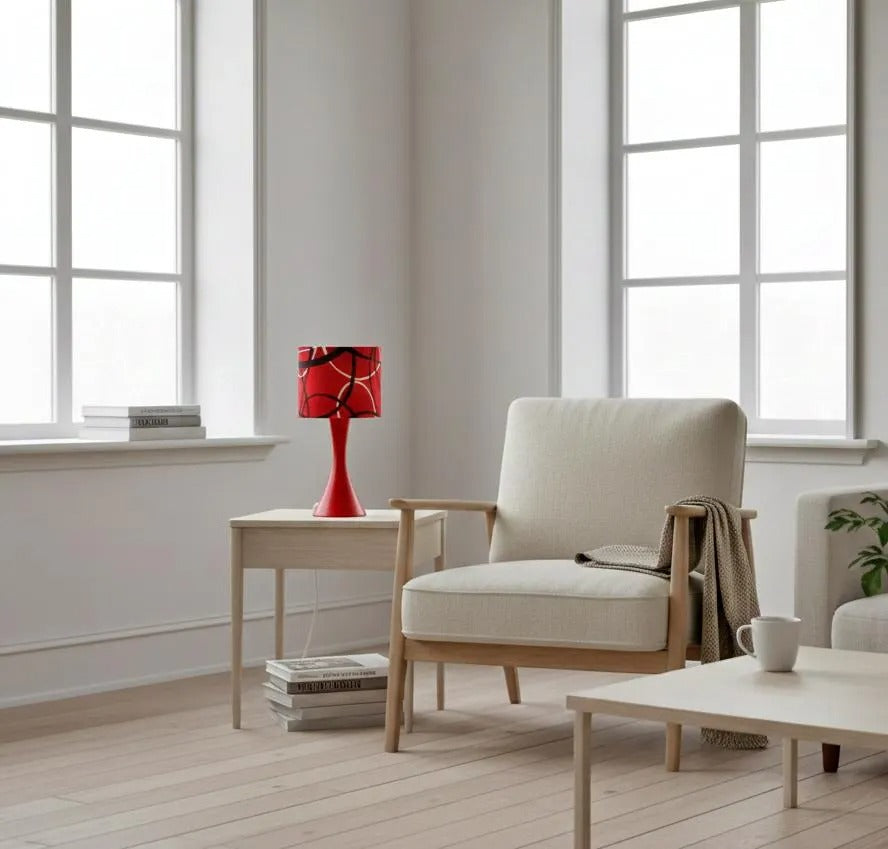 Vintage Marksöjd Red Table Lamp – Iconic Swedish Mid-Century Modern Desk Light, 1970s on wooden side table next to armchair