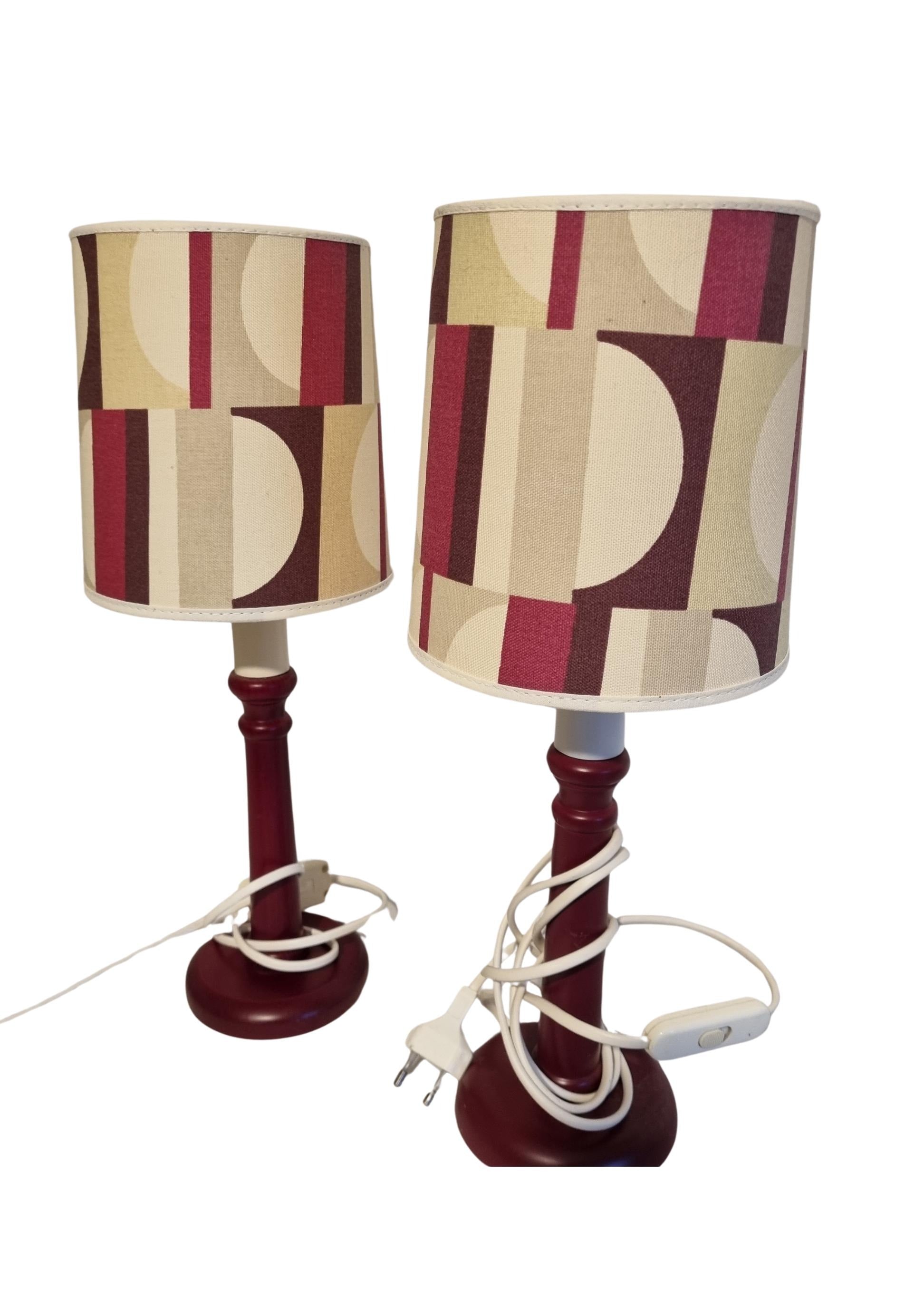 Mid-Century Modern Table Lamps – Cherry Beech with Original Retro Shades, 1970s Scandinavian Pair, Timeless Charm