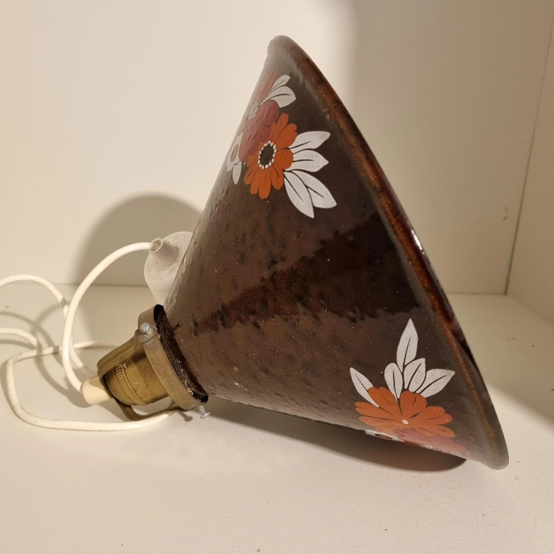 Vintage Enamel Hanging Lamp: Scandinavian Floral Pendant Light with authentic floral motif and timeless charm in mid-century style.