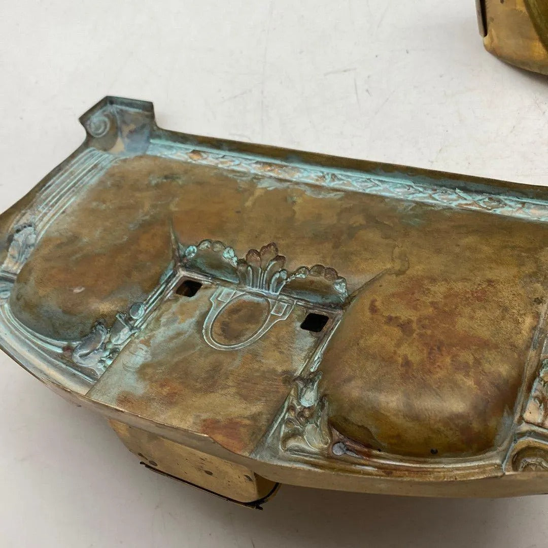 Close-up of antique brass inkwell tray with detailed engraving from Art Nouveau Brass Desk Set - Elegant Office Accessory with Inkwell and Seal Press