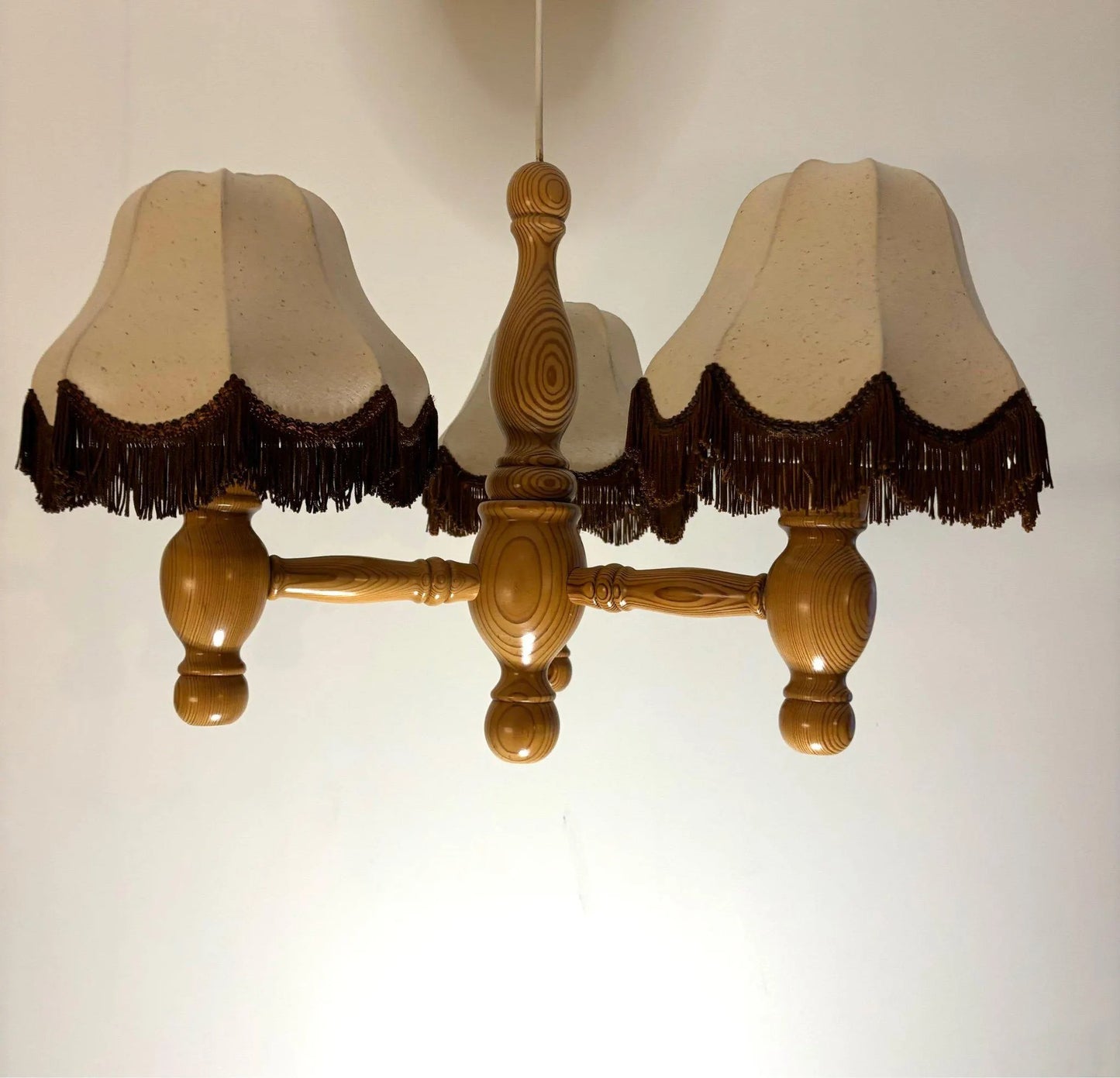 Vintage Scandinavian Pine Chandelier – Retro Wooden Ceiling Light with Fabric Shades, authentic vintage, timeless charm, mid-century modern