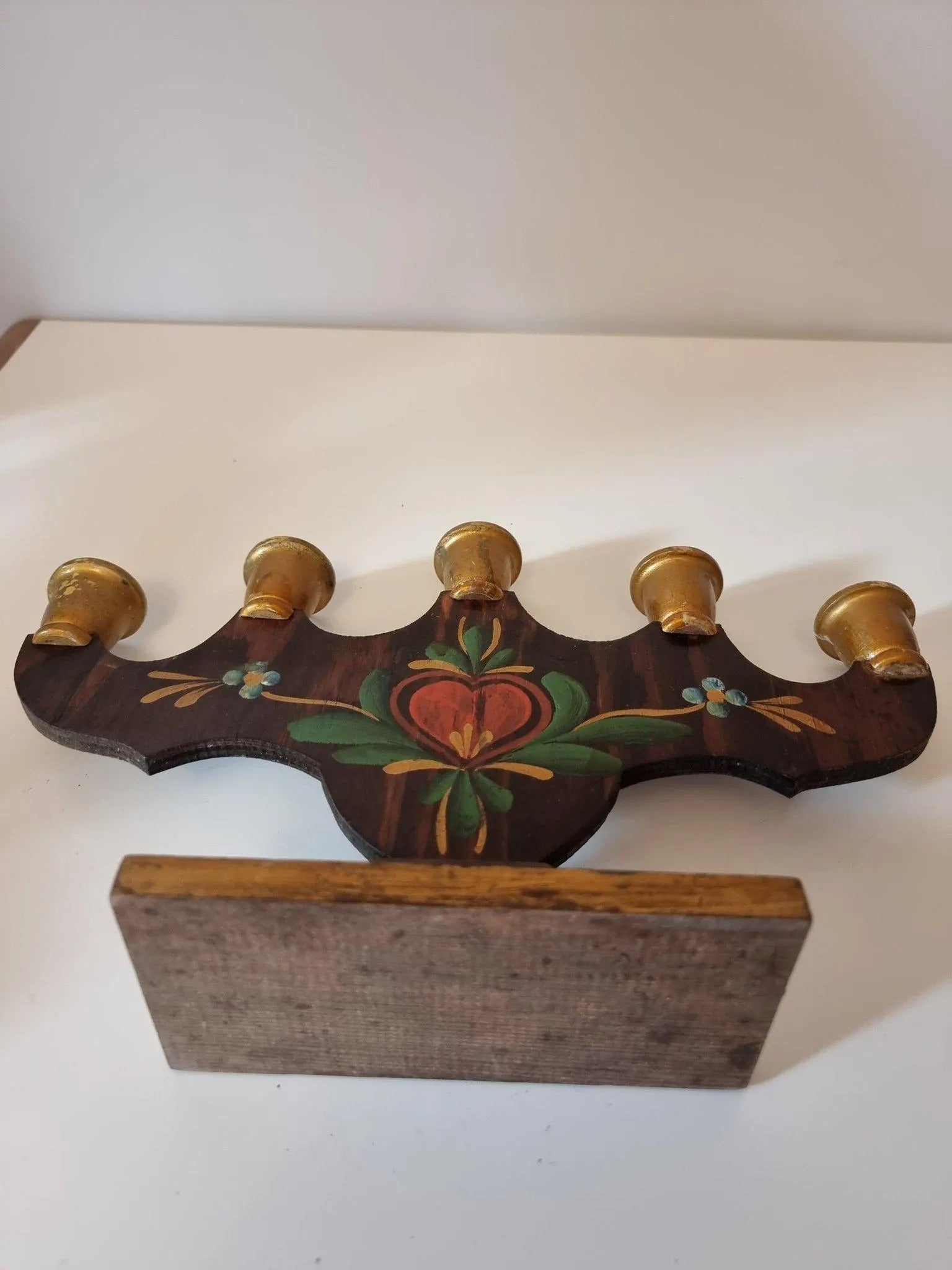 Hand Painted Swedish Candelabra: Allmoge Folk Art Wood Candle Holder with vintage Scandinavian decor and timeless charm